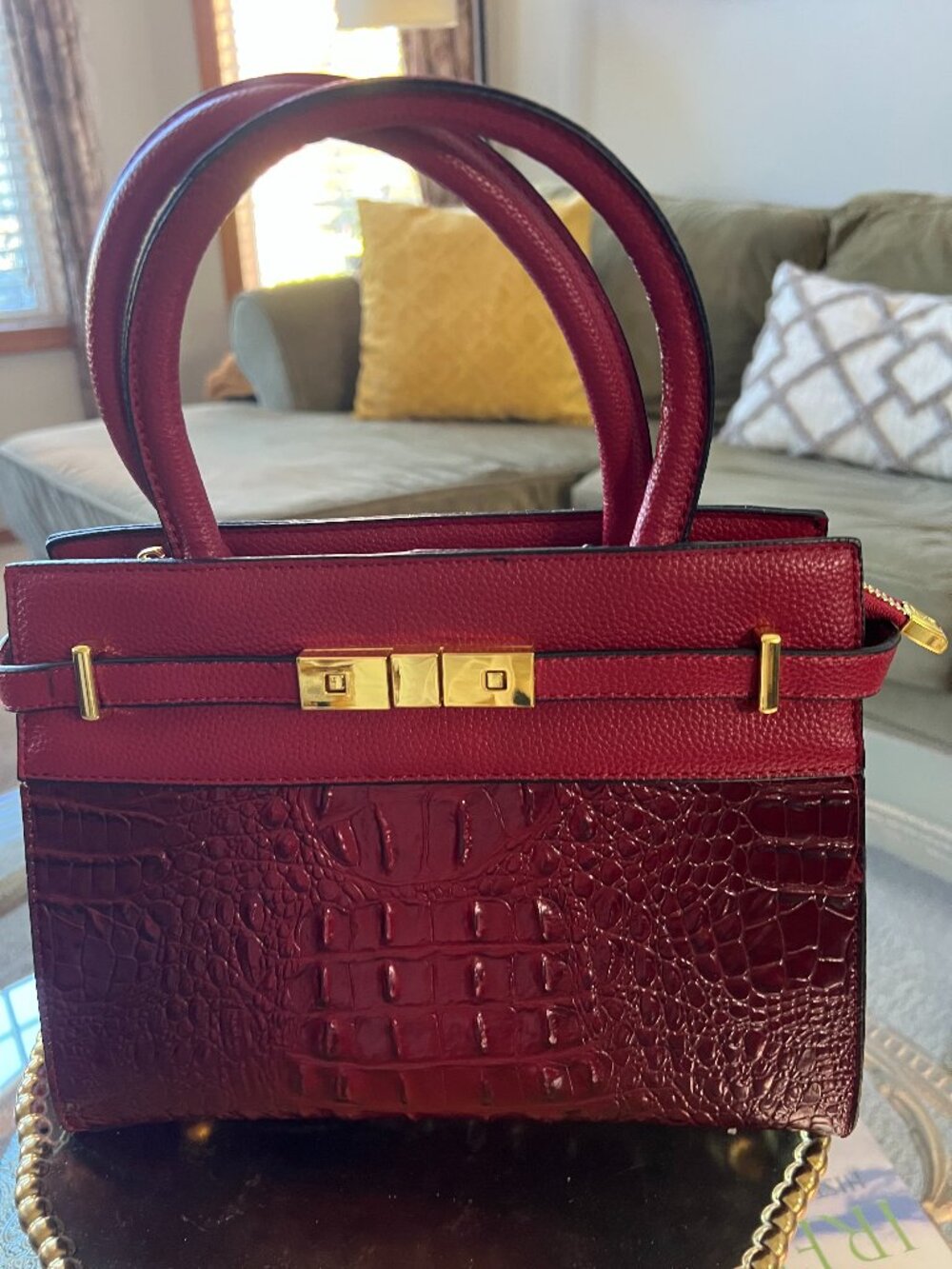 NEW-HOLIDAY RED CROC TEXTURED HANDBAG